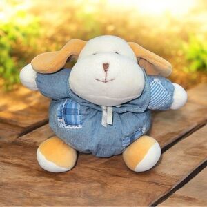 Soft Dreams Crème Brown Puppy Dog Denim Patchwork Outfit Stuffed Rattle Plush